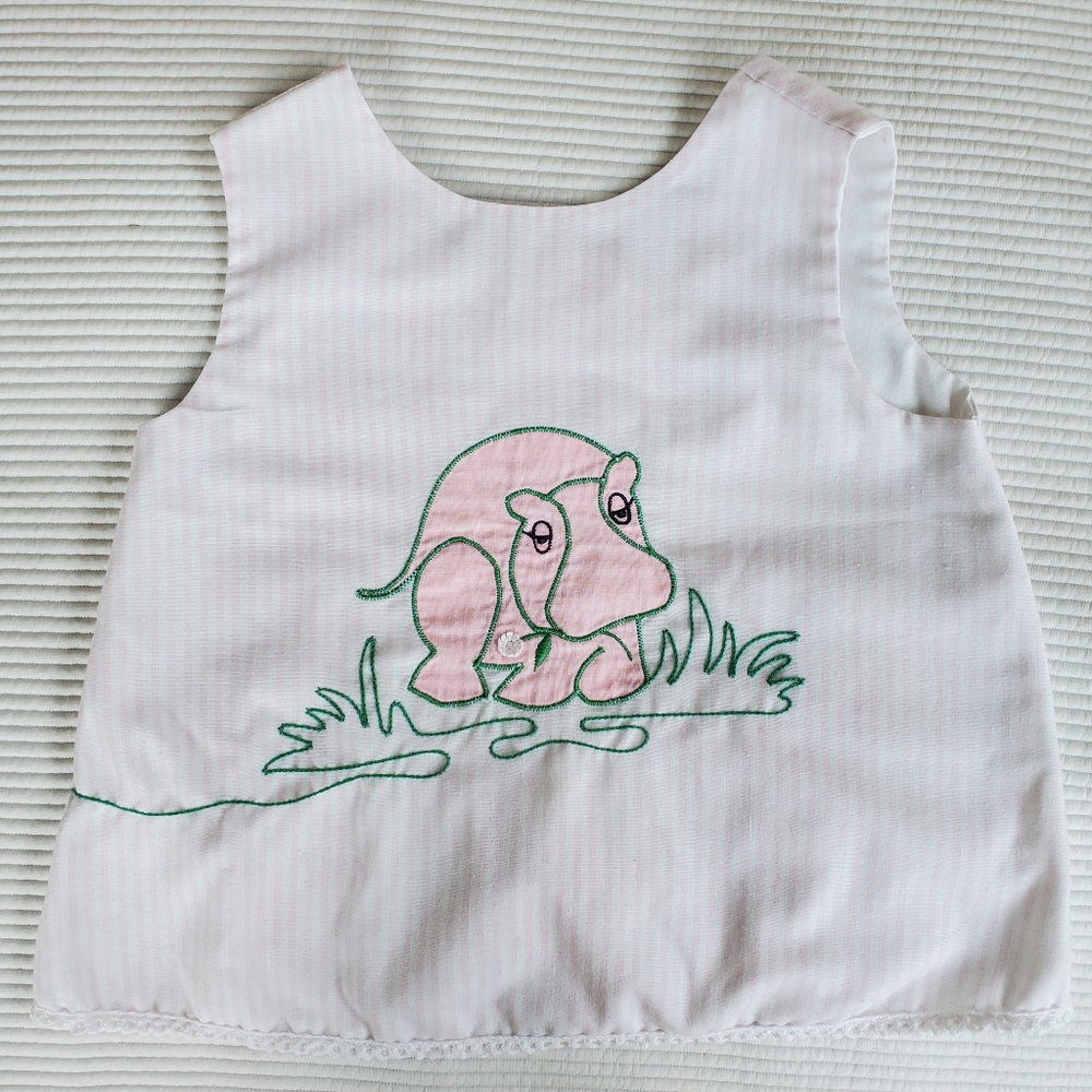 Hippo Hippopotamus Baby Dress T4 Vintage Pink Stripes Jumper Embroidered